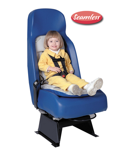 A young child sitting comfortably in an EVS integrated child seat, secured by the five-point harness